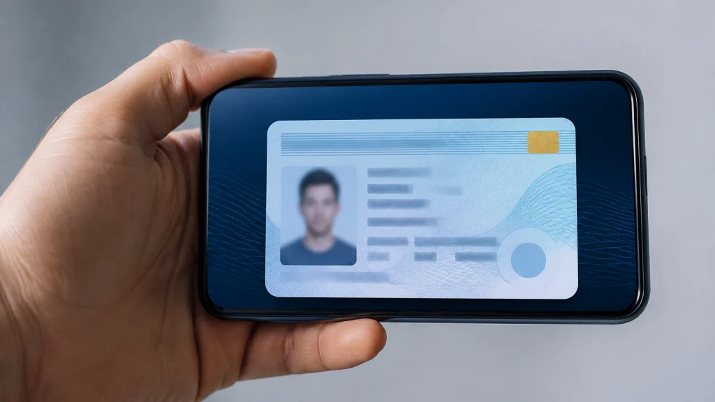 A hand holding a phone showing a digital identity document on the screen