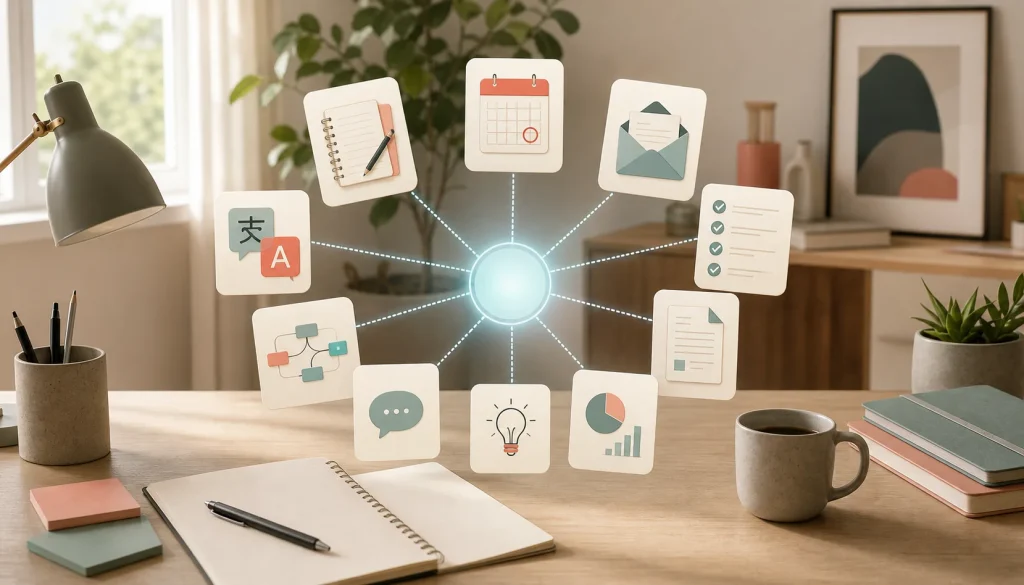 Ten cards with icons for notes, calendar, email, translation, lists and charts, arranged in a circle on a desk with an open notebook.