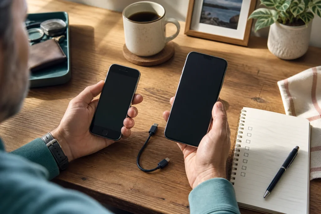 Two phones and a cable ready for a transfer