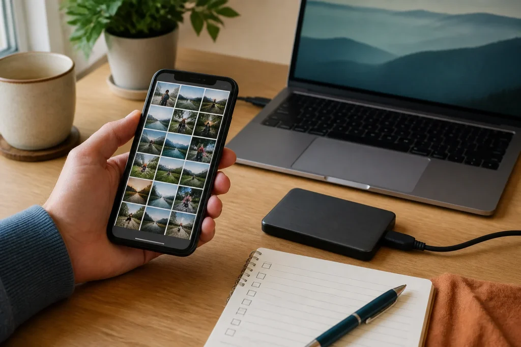 A phone, an external drive and a checklist for verifying a backup