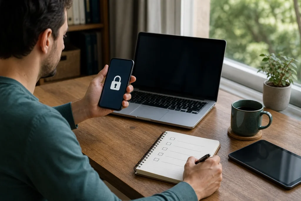 Someone working through an account recovery on a phone and a laptop