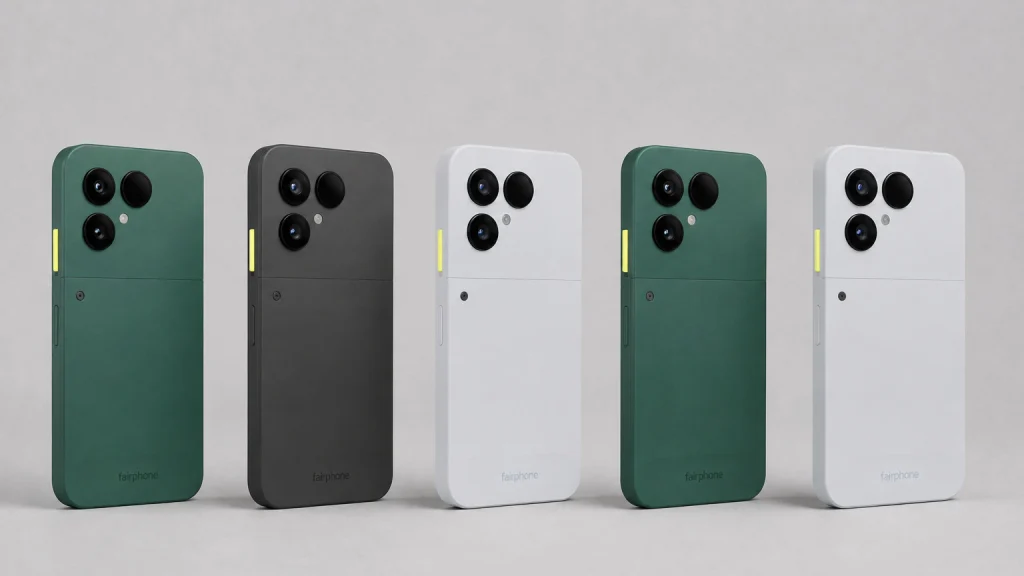 Five Fairphone (Gen. 6) units in a row, in green, black and white, seen from the back
