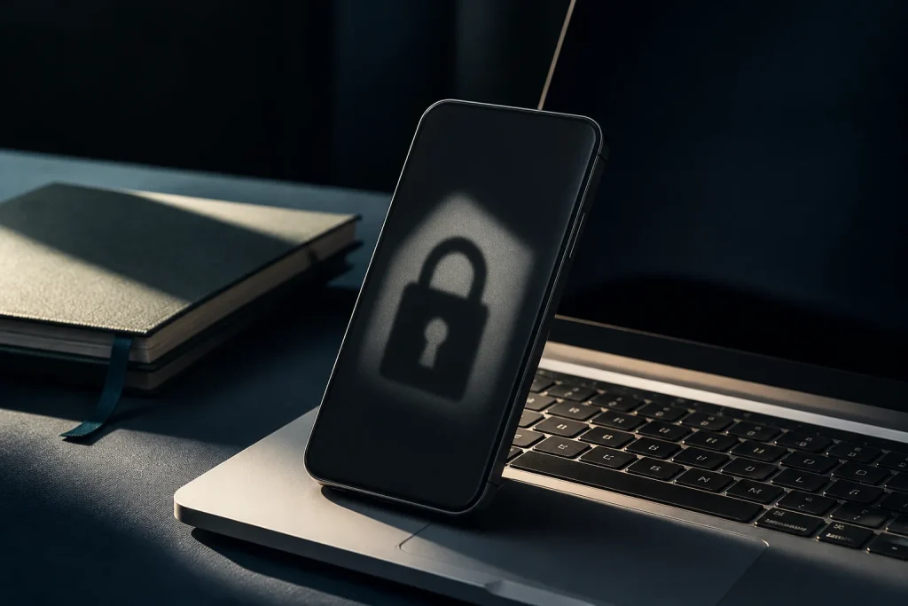 A phone propped against a laptop, with the outline of a padlock on its screen, on a table in the dark.