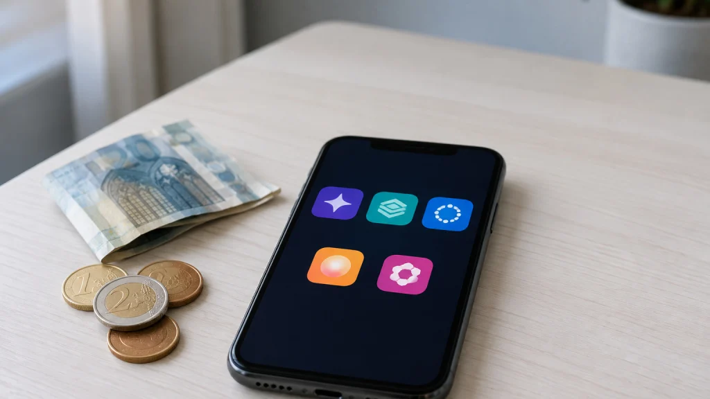 A phone on a table showing five artificial intelligence app icons, next to some coins and a euro note