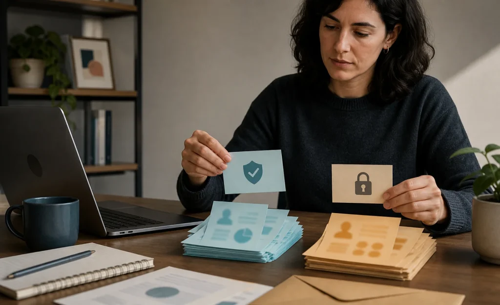 A woman sorting cards of personal data into two piles: some marked with a shield and others with a padlock.