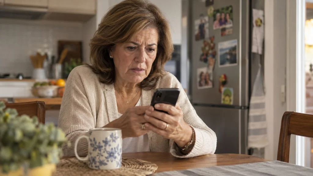 A woman in her sixties sitting at her kitchen table with a cup of coffee looks doubtfully at her phone; in the background, a fridge with family photos held by magnets.
