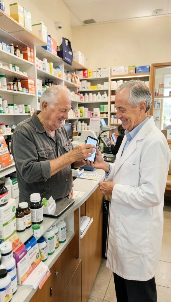 Un cliente mayor enseña el móvil al farmacéutico en el mostrador de una farmacia; los dos sonríen.