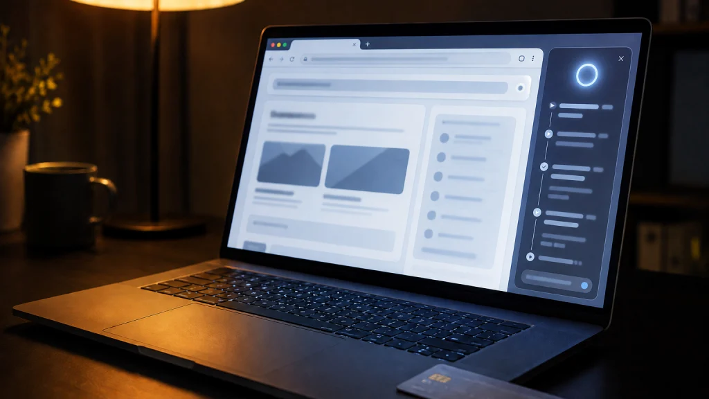 A laptop at night with a browser window open and an assistant panel on the right, and a bank card beside the keyboard