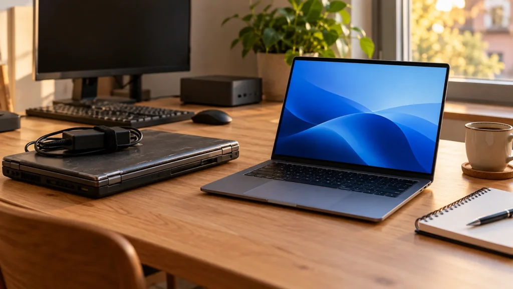 Wooden desk with an old closed laptop and its charger, a new open laptop and, in the background, a mini PC next to a monitor