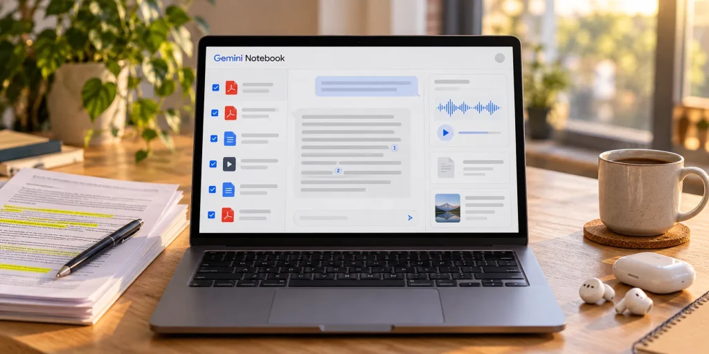 A laptop with Gemini Notebook open on a desk, next to highlighted documents, wireless earbuds and a cup of coffee