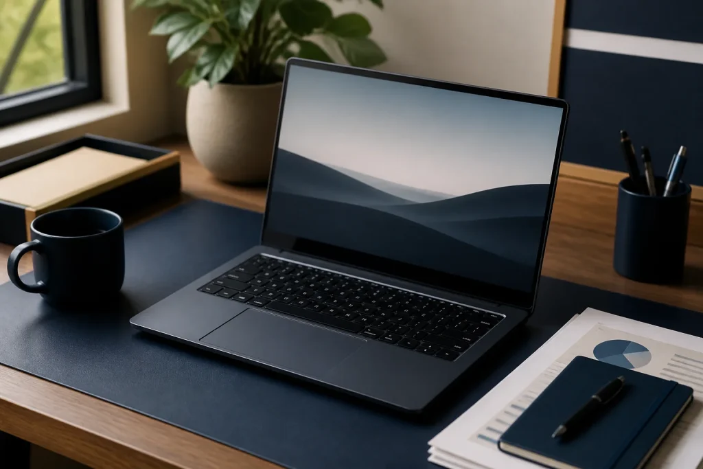 An open laptop on a tidy desk beside a window, with a mug, a notebook and a report showing a chart.