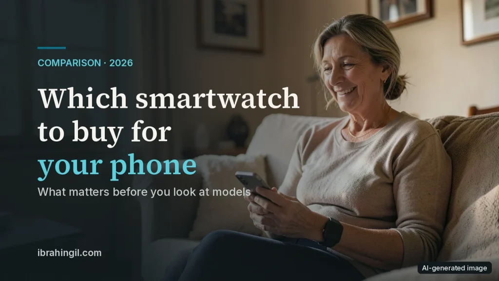 A woman smiles on the sofa while looking at her phone, wearing a smartwatch on her wrist. AI-generated image