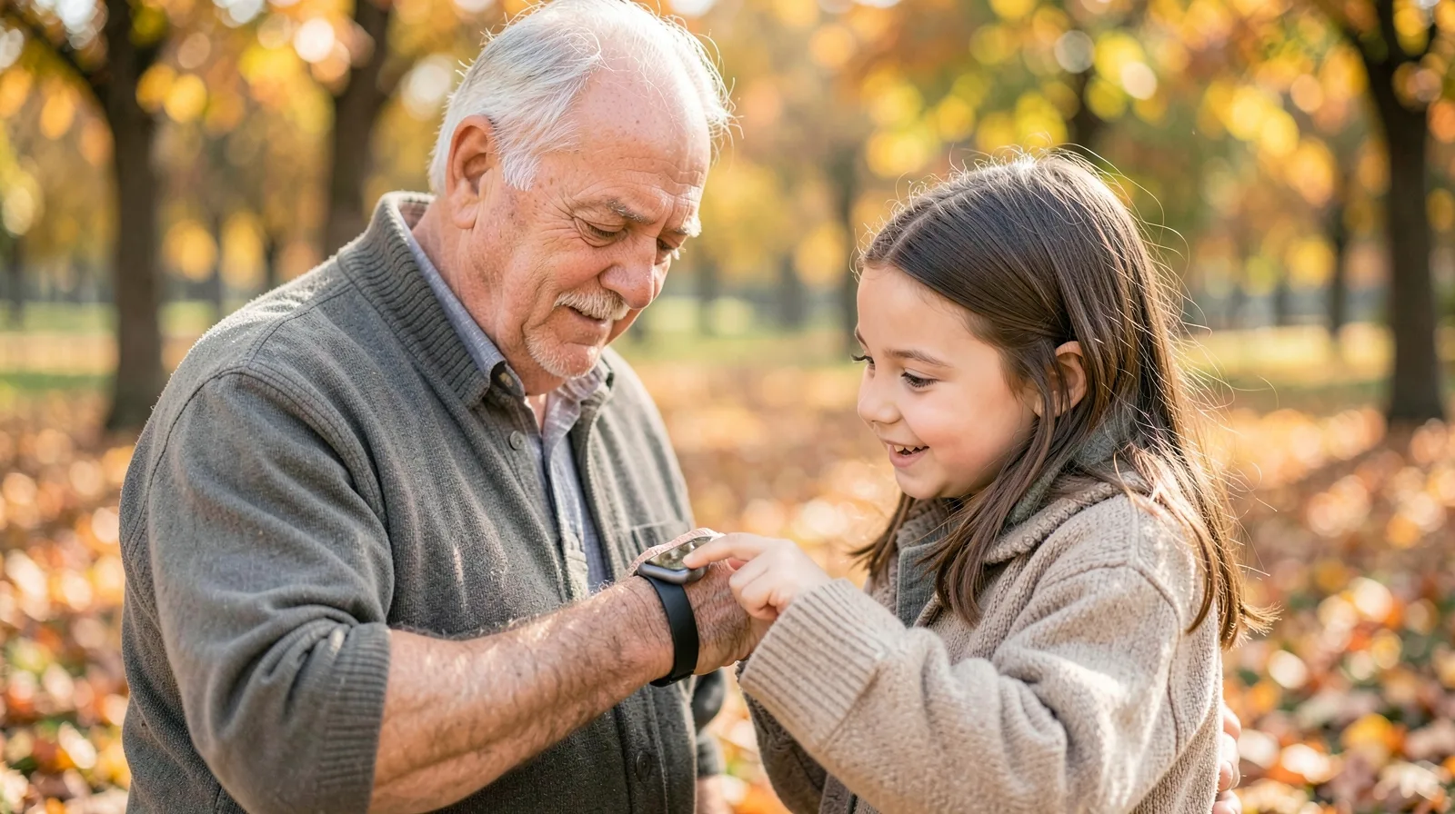 Un abuelo y su nieta en un parque en otoño; la niña señala la pantalla del reloj inteligente que él lleva en la muñeca. Imagen generada con IA