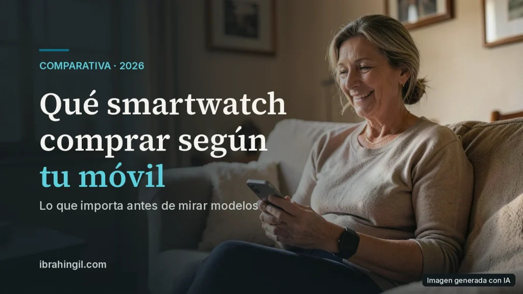 Una mujer sonríe sentada en el sofá mientras mira el móvil, con un reloj inteligente en la muñeca. Imagen generada con IA