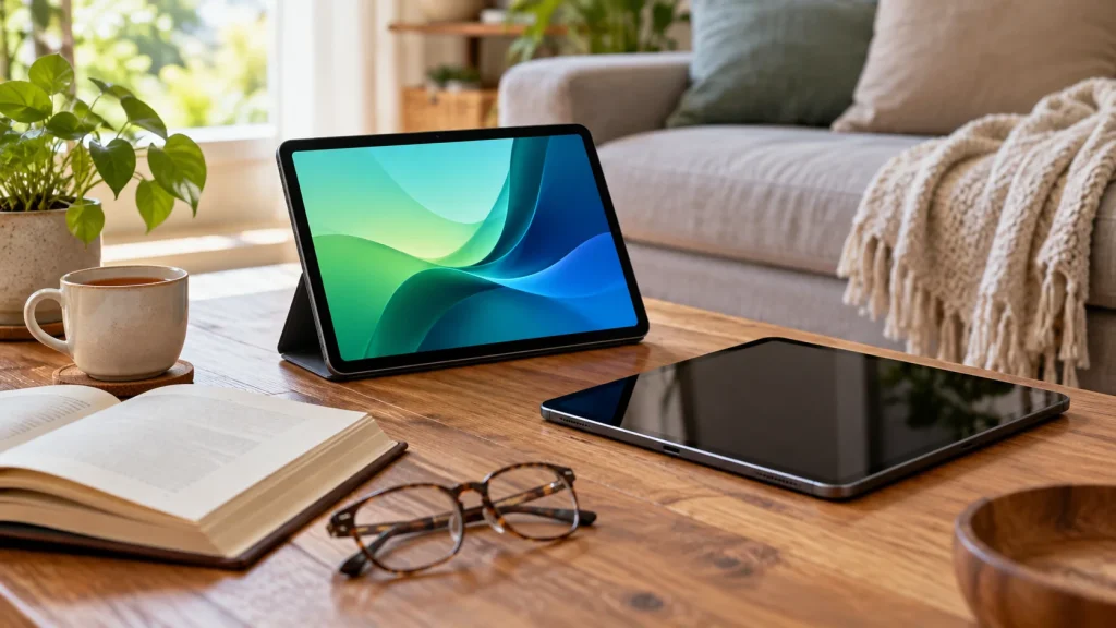 Living room table with two tablets, one switched on in its stand case and one off, next to an open book, glasses and a cup