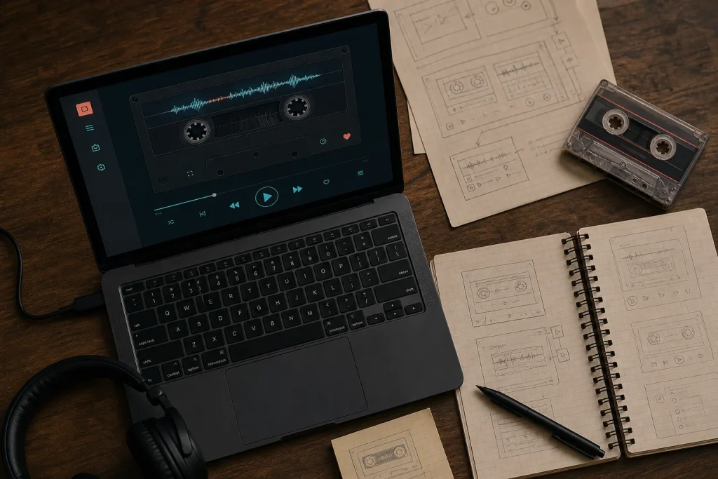 A laptop showing a cassette-shaped music player, surrounded by pencil sketches of that same screen, a cassette tape and a pair of headphones.