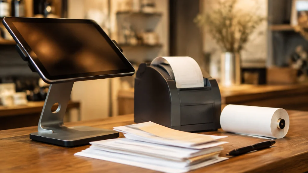 A shop counter with a point-of-sale terminal, a receipt printer and a pile of paper invoices