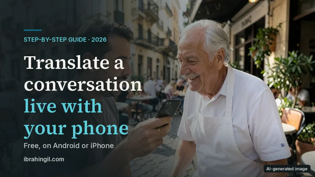 A man holds up his phone to translate while talking to a smiling older waiter at a pavement café. AI-generated image