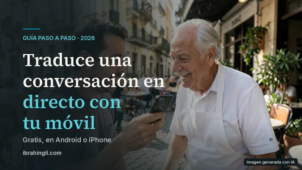Un hombre sostiene el móvil para traducir mientras habla con un camarero mayor que sonríe en la terraza de un café. Imagen generada con IA