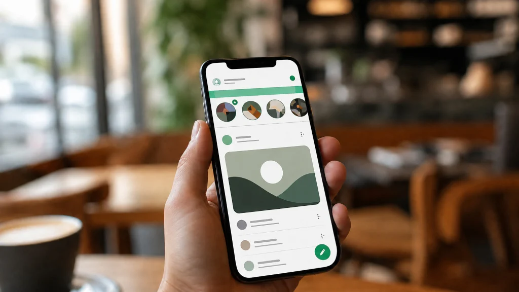 A hand holding a phone with a messaging app open: the row of statuses at the top and a post below