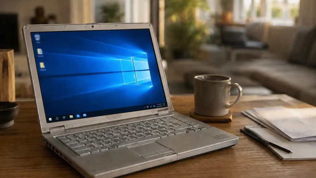 An open laptop on a wooden table showing the Windows 10 desktop on screen